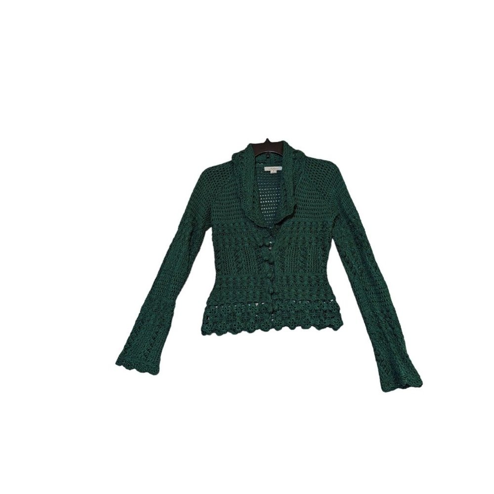 Intuitions Green Sparkle Long Sleeve Lace Crochet Cotton Cardigan Sweater S